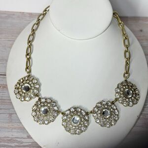 J Crew Sparkling Clear Crystal Necklace Gold Tone Round Clusters Chunky Chain